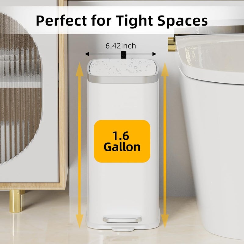 KdbK Stainless Steel Bathroom Trash Can with Lid Soft Close,1.6 Gallon Slim Garbage can,Small Metal Step Wastebasket for Office, Bedroom, Toilet, White - Image 2